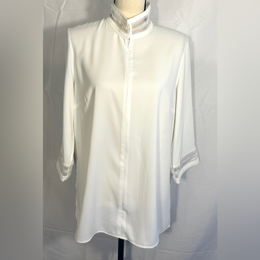 NWT $215 Ming Wang Lace Trim 3/4 Sleeve Mandarin Collar Blouse Shirt,‎ Small S